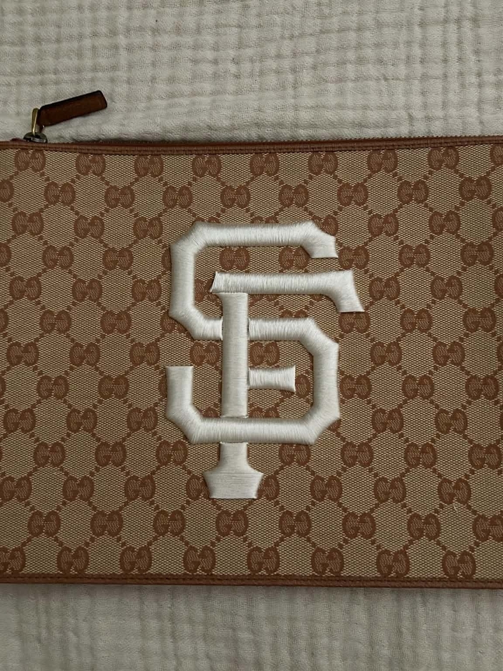 Gucci Tan/Brown Monogram Toiletry Pouch with White Embroidered Logo